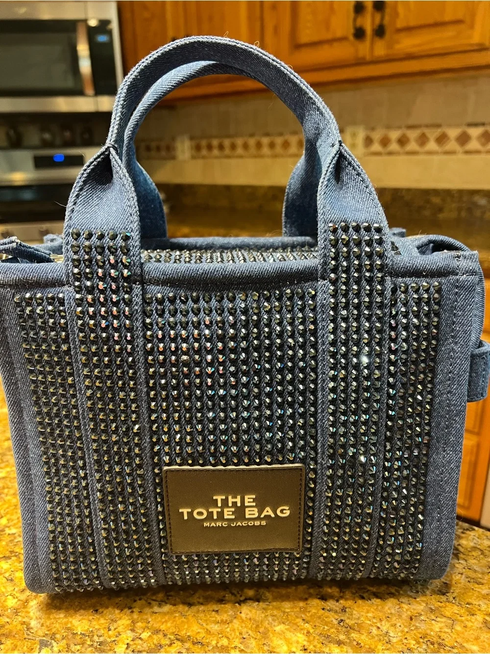 Marc Jacobs Denim Mini Tote with Black Crystal Studs - Blue